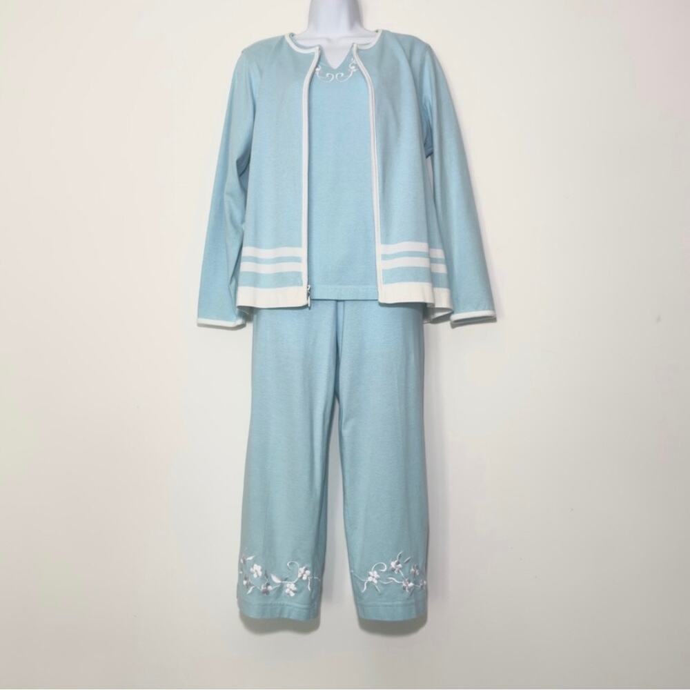 CATHY DANIELS Vintage 3pc Embroidered Flower Jacket Capri Pant Set S Small